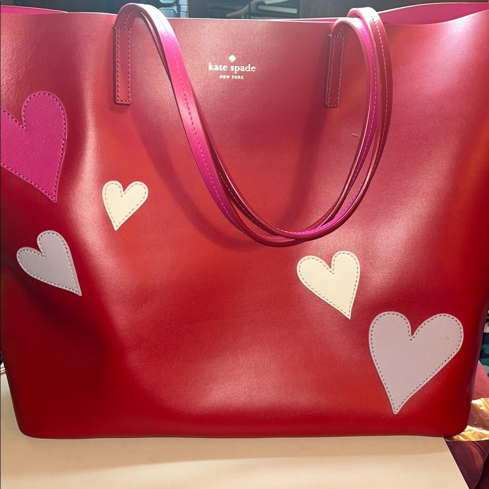 kate spade Red Tote with Pink and Cream Heart Appliqués
